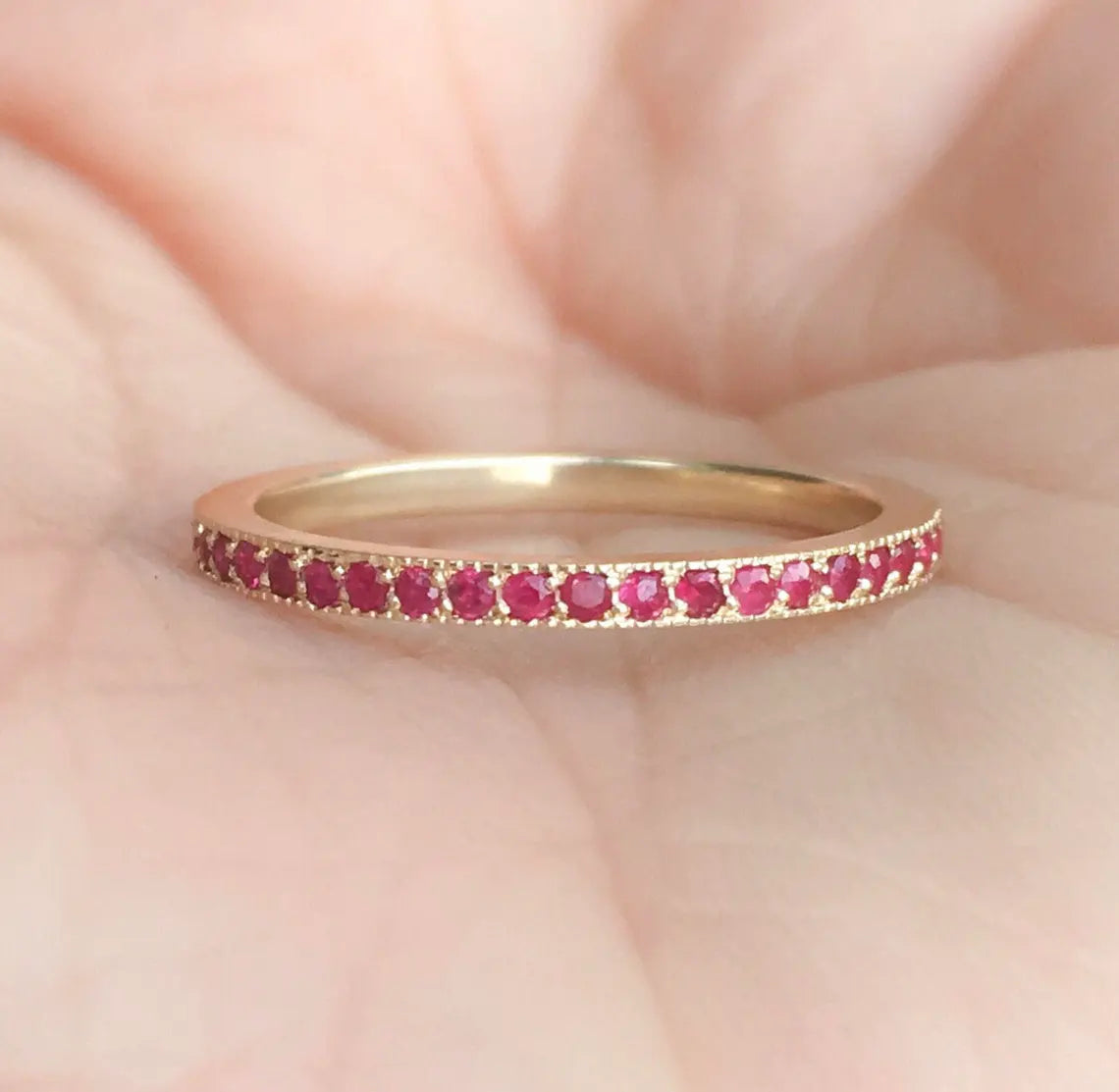 Ruby Band 3/4 Eternity Pave Ruby Ring Milgrain Wedding Anniversary Band Pave Miligrain Stack Ring Ruby Guard Ring July Birthstone Ring 1.5mm