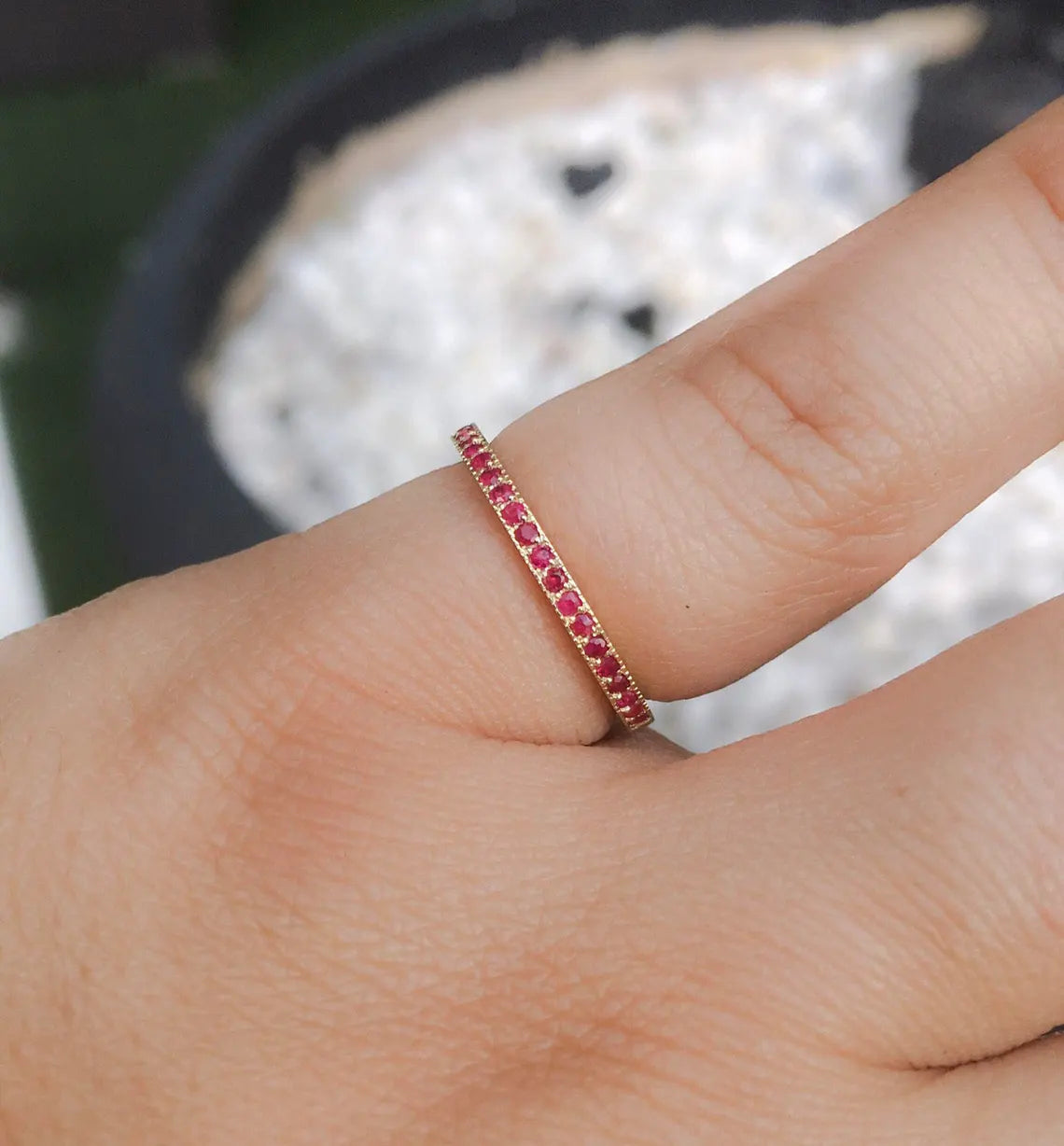 Ruby Band 3/4 Eternity Pave Ruby Ring Milgrain Wedding Anniversary Band Pave Miligrain Stack Ring Ruby Guard Ring July Birthstone Ring 1.5mm