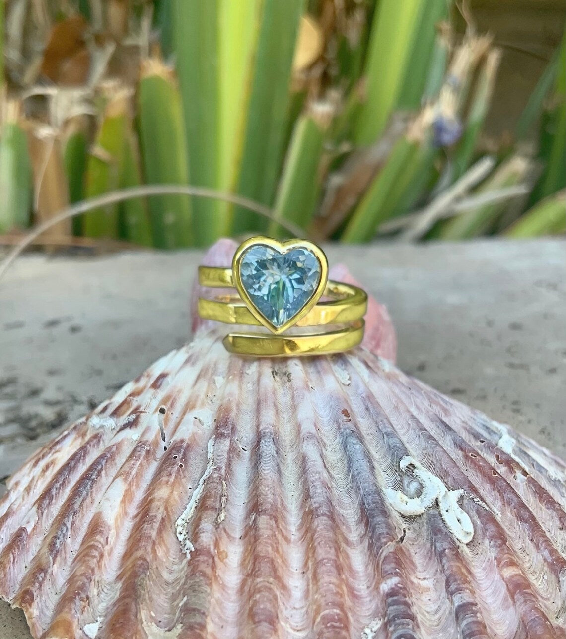 Solid Gold Aquamarine Heart Ring - Spiral Bezel Setting (14K/18K or Platinum)