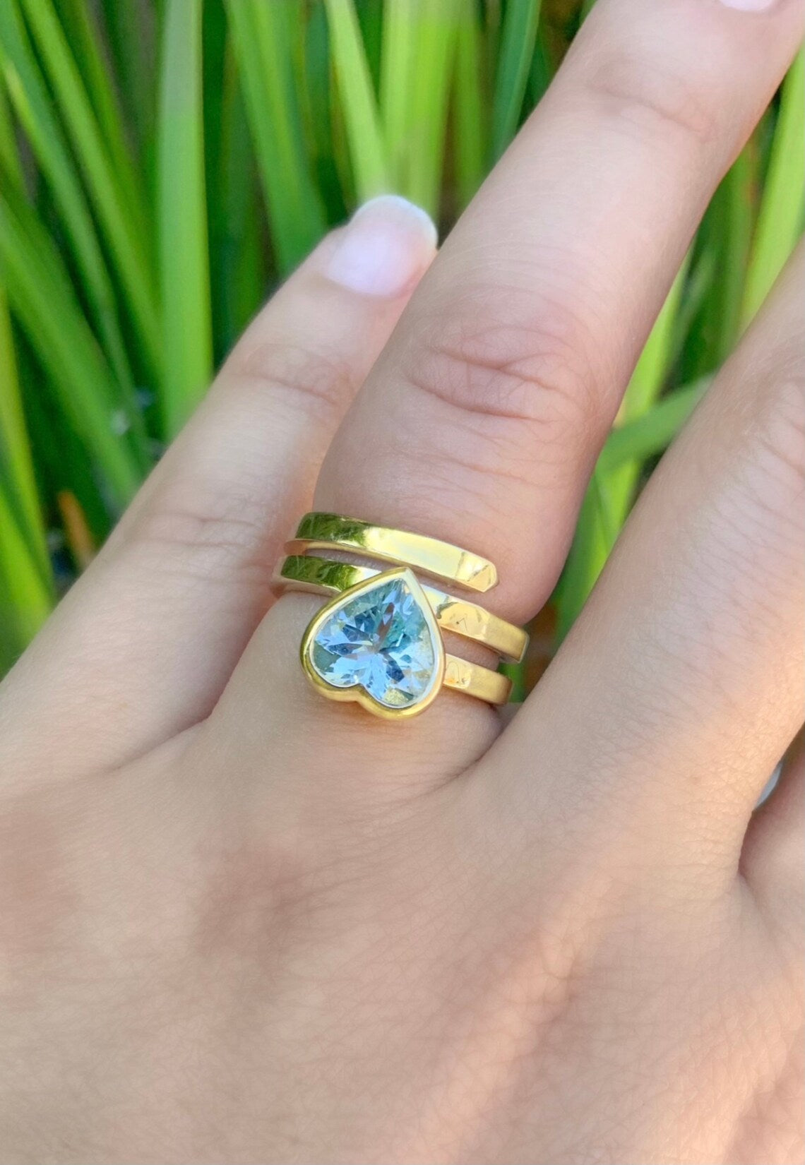 Solid Gold Aquamarine Heart Ring - Spiral Bezel Setting (14K/18K or Platinum)