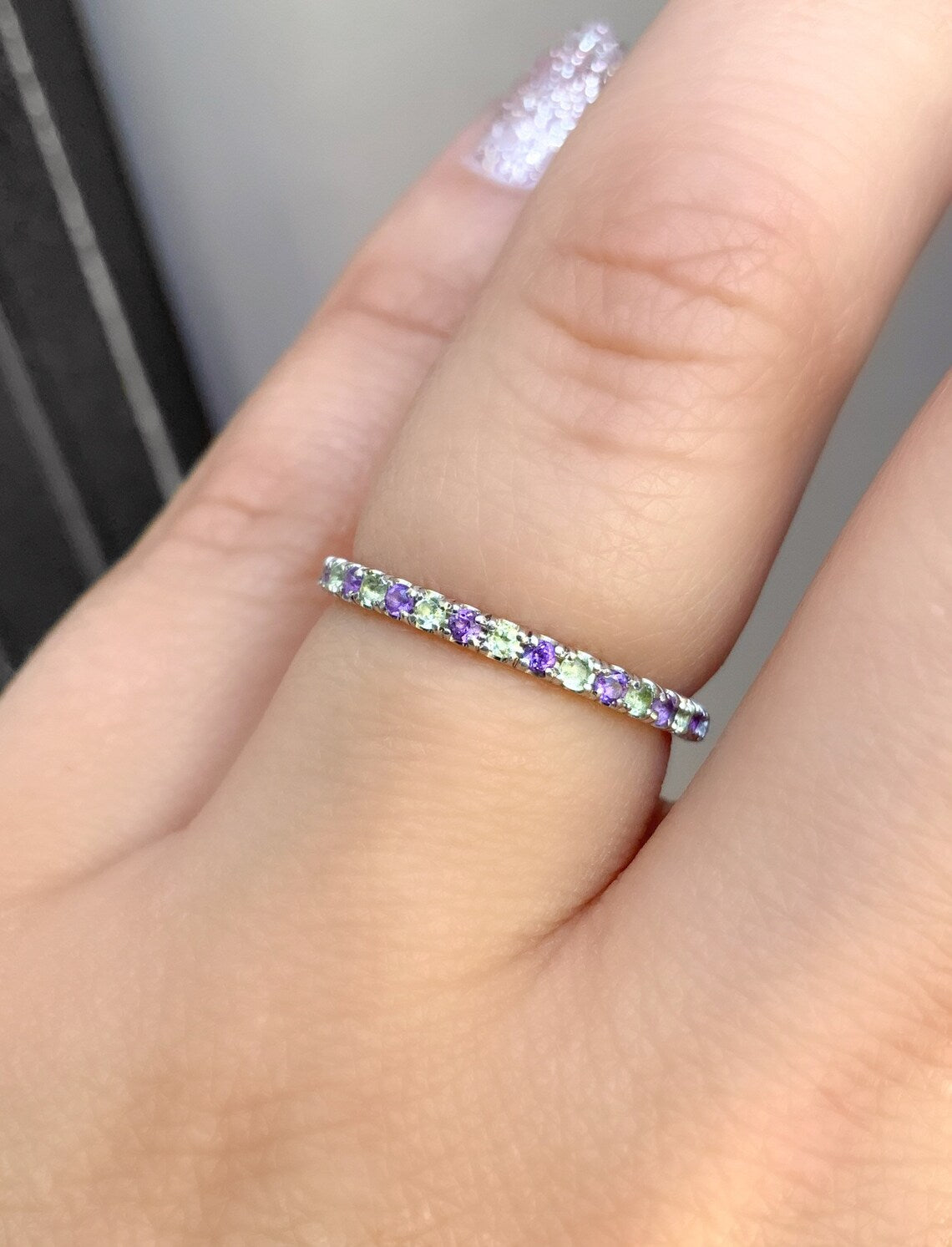 Amethyst & Peridot Eternity Band - 2mm Pave Stacking Ring (Solid Gold, Platinum)