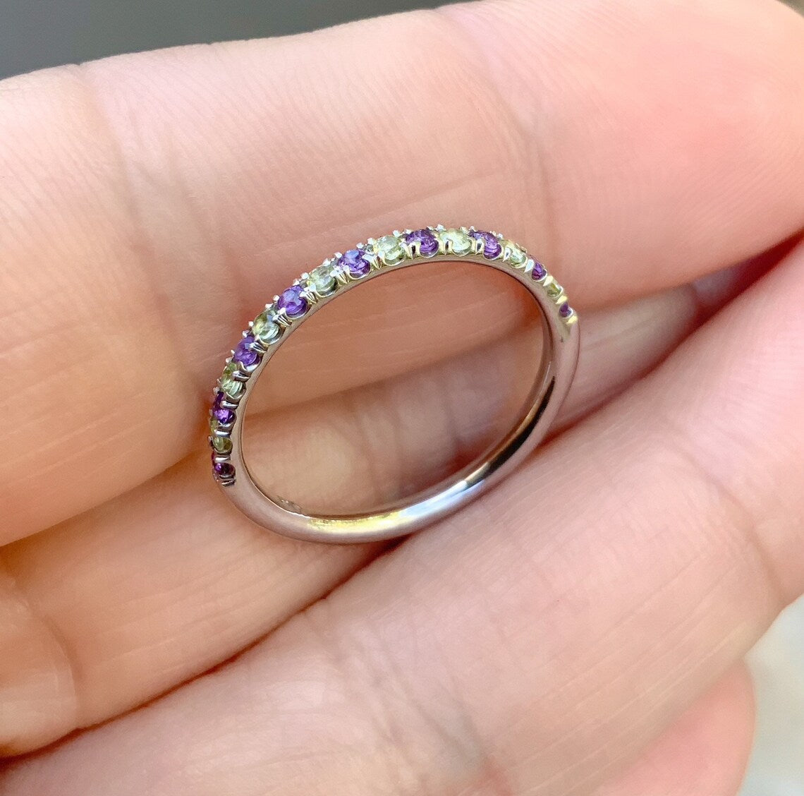 Amethyst & Peridot Eternity Band - 2mm Pave Stacking Ring (Solid Gold, Platinum)