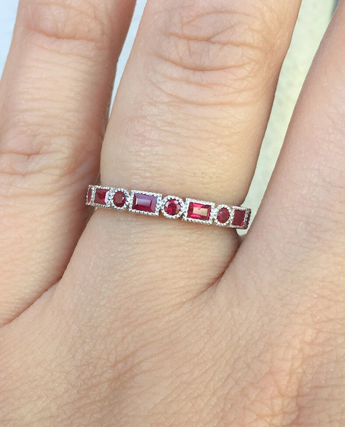 Ruby Band Baguette Dot Ruby Ring Baguette and Round Wedding Band Ruby Vintage Bezel Ring Art Deco Baguette Dot Ruby Matching Ring Ruby Stack