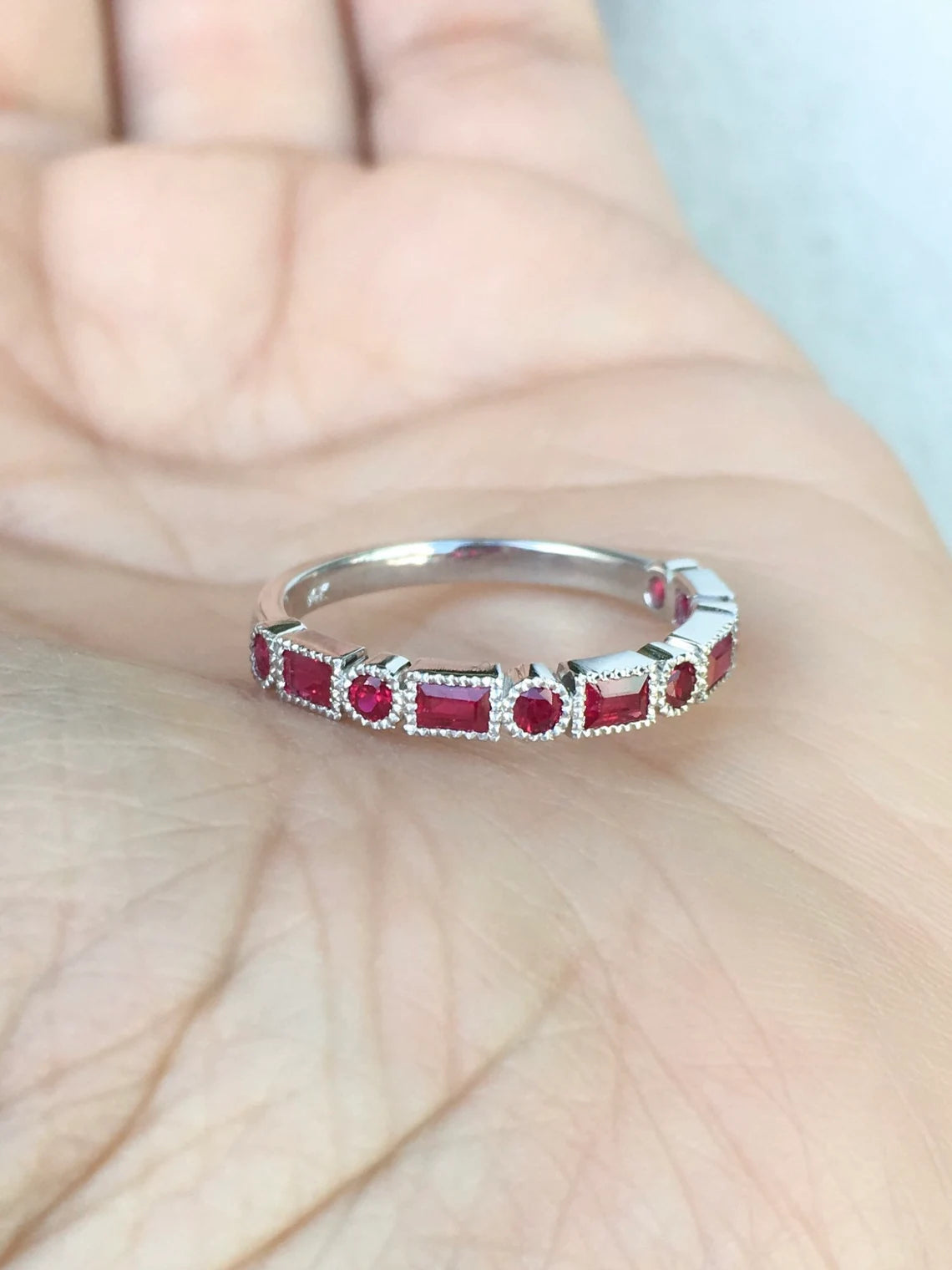 Ruby Band Baguette Dot Ruby Ring Baguette and Round Wedding Band Ruby Vintage Bezel Ring Art Deco Baguette Dot Ruby Matching Ring Ruby Stack