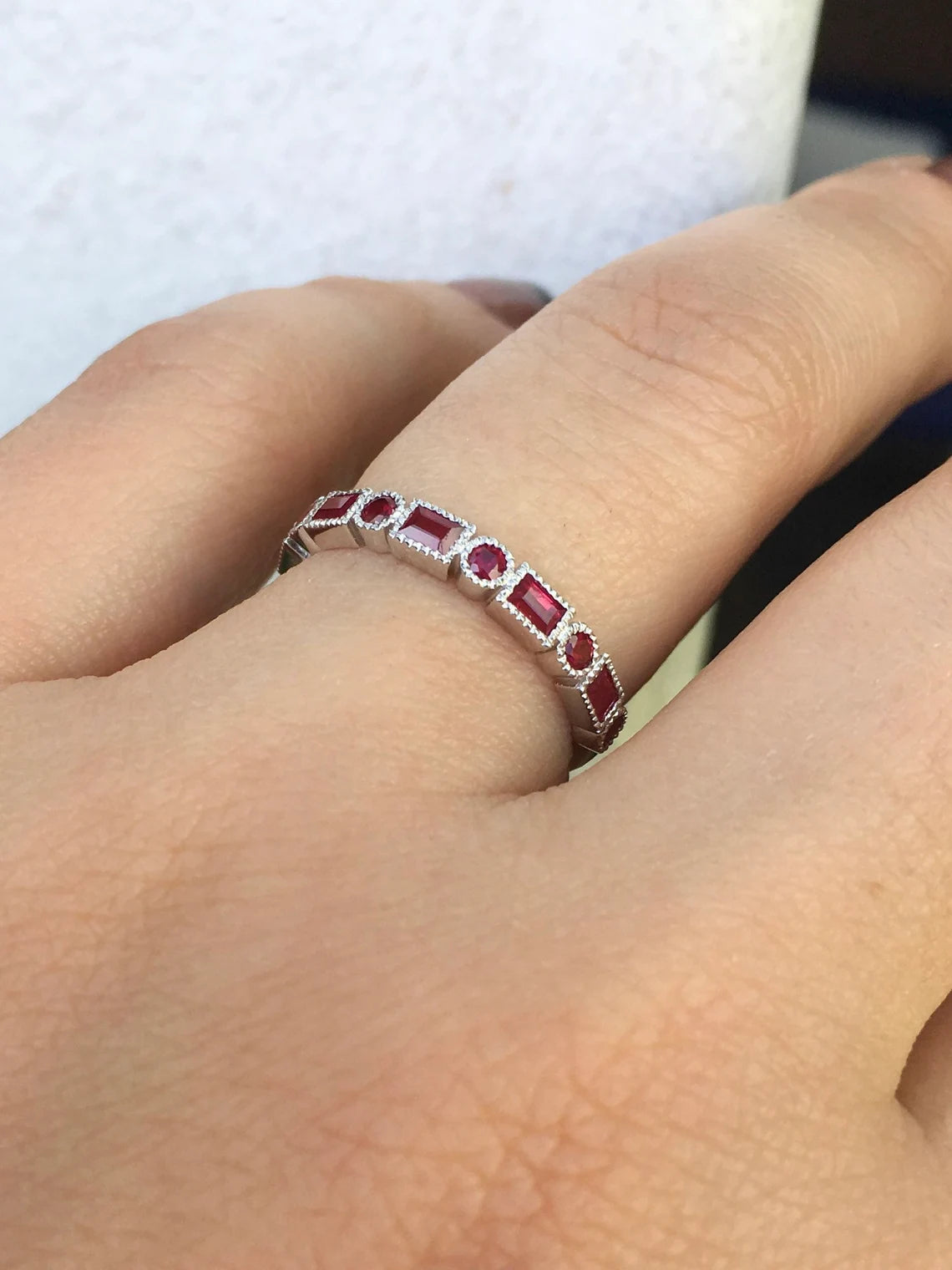 Ruby Band Baguette Dot Ruby Ring Baguette and Round Wedding Band Ruby Vintage Bezel Ring Art Deco Baguette Dot Ruby Matching Ring Ruby Stack