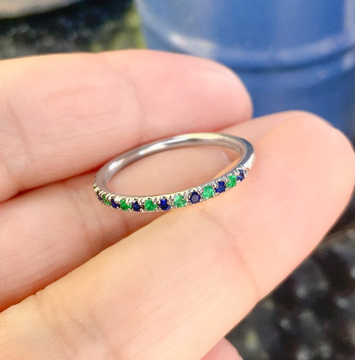 Emerald & Sapphire Half Eternity Band Ring - 14K Gold, 18K Gold, Platinum