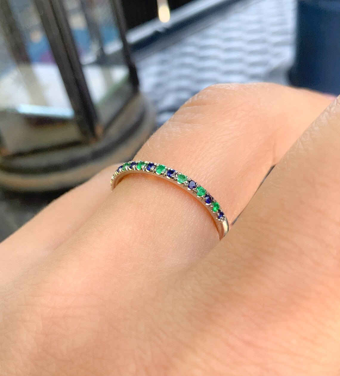 Emerald & Sapphire Half Eternity Band Ring - 14K Gold, 18K Gold, Platinum