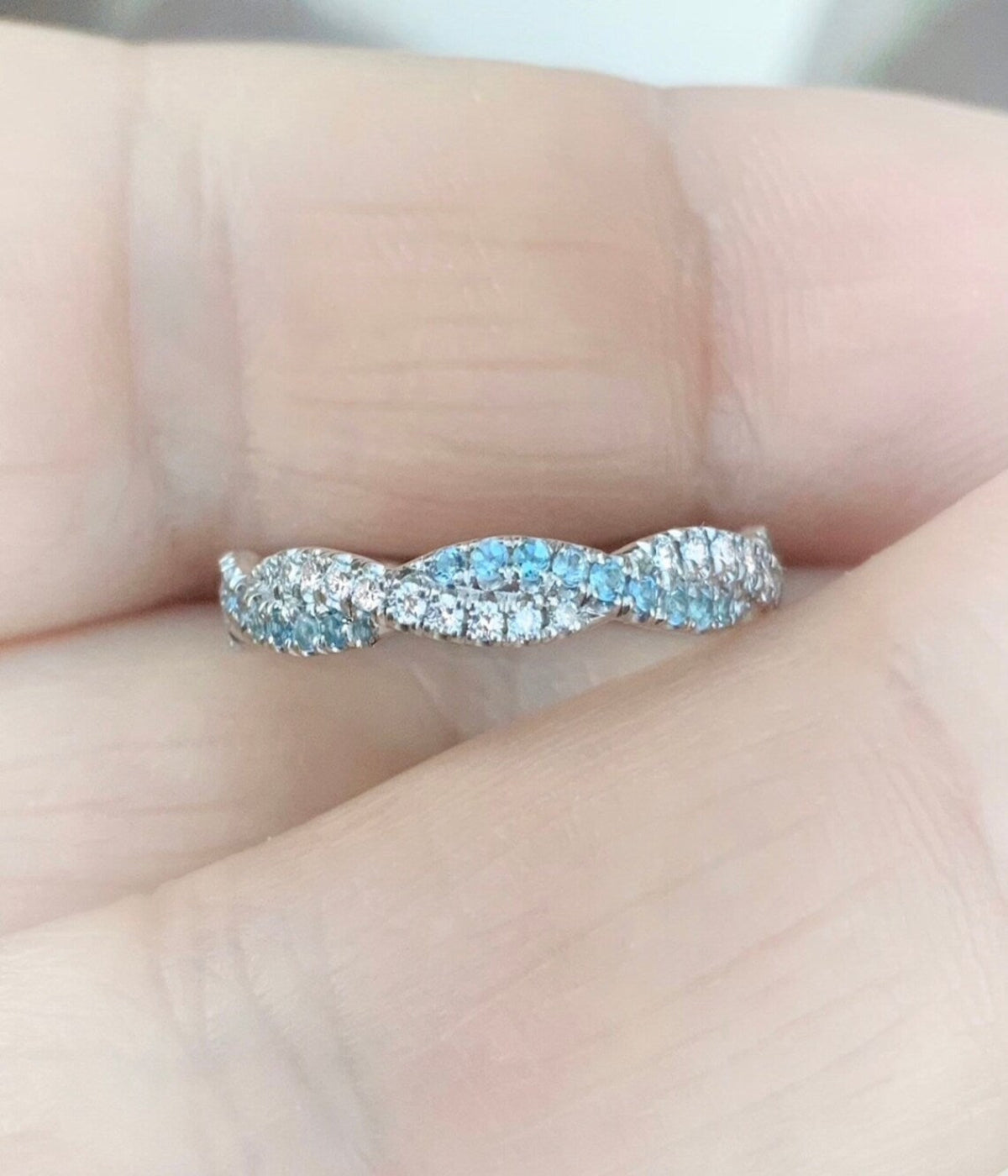Aquamarine Diamond Full Eternity Twist Ring 2.8 MM/ Twisted Pave Infinity Diamond Aquamarine Band/ Wedding Twistband/ Intertwined Stack Ring