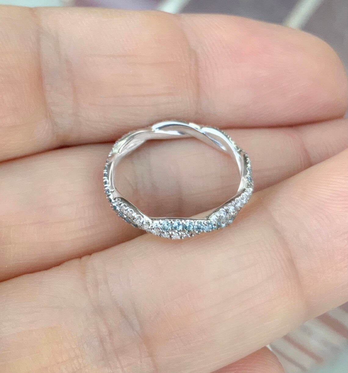 Aquamarine Diamond Full Eternity Twist Ring 2.8 MM/ Twisted Pave Infinity Diamond Aquamarine Band/ Wedding Twistband/ Intertwined Stack Ring