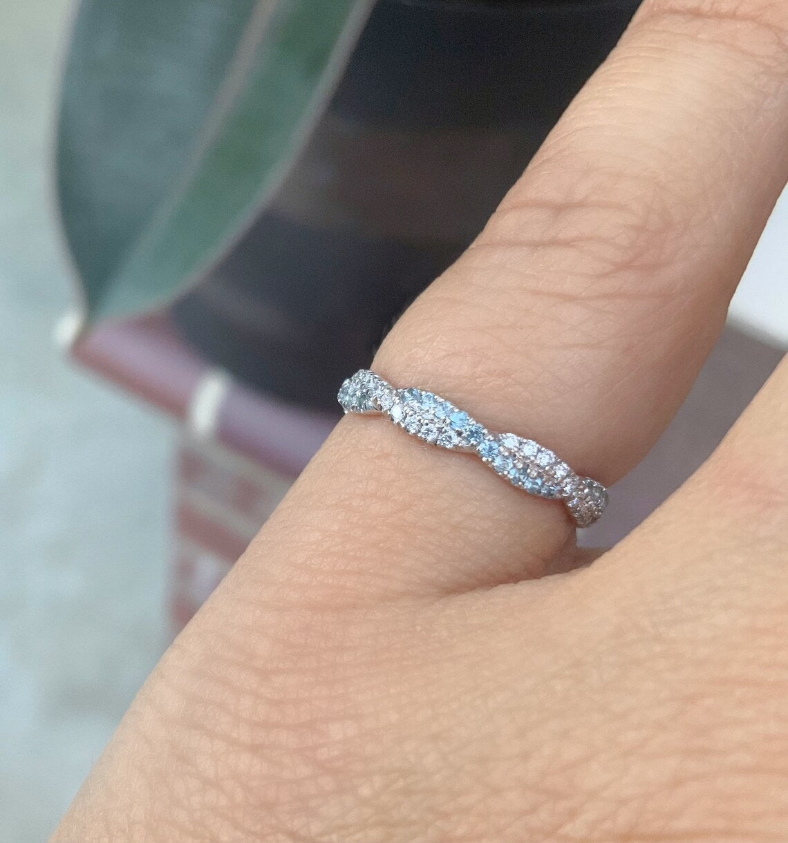 Aquamarine Diamond Full Eternity Twist Ring 2.8 MM/ Twisted Pave Infinity Diamond Aquamarine Band/ Wedding Twistband/ Intertwined Stack Ring