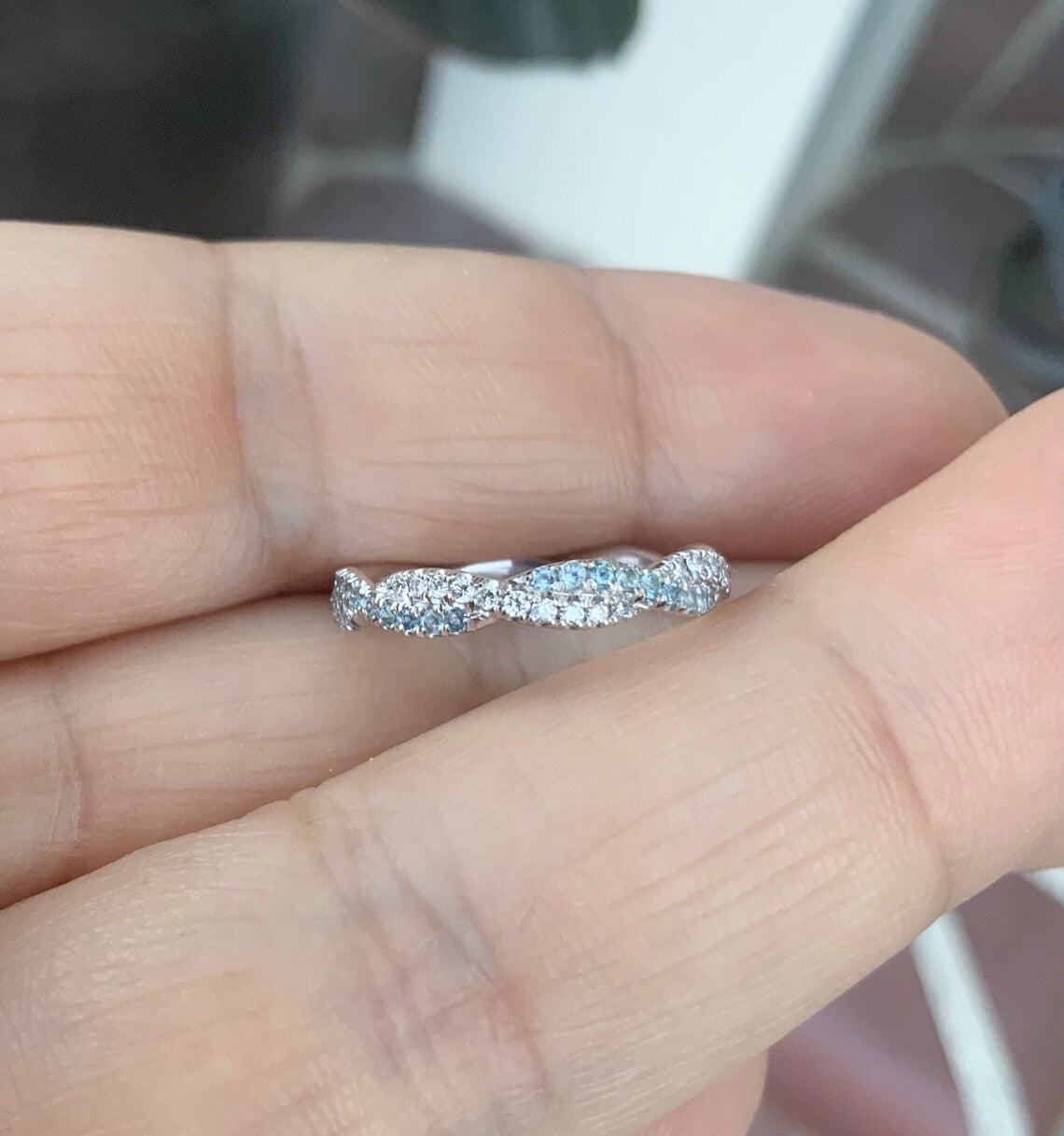Aquamarine Diamond Full Eternity Twist Ring 2.8 MM/ Twisted Pave Infinity Diamond Aquamarine Band/ Wedding Twistband/ Intertwined Stack Ring
