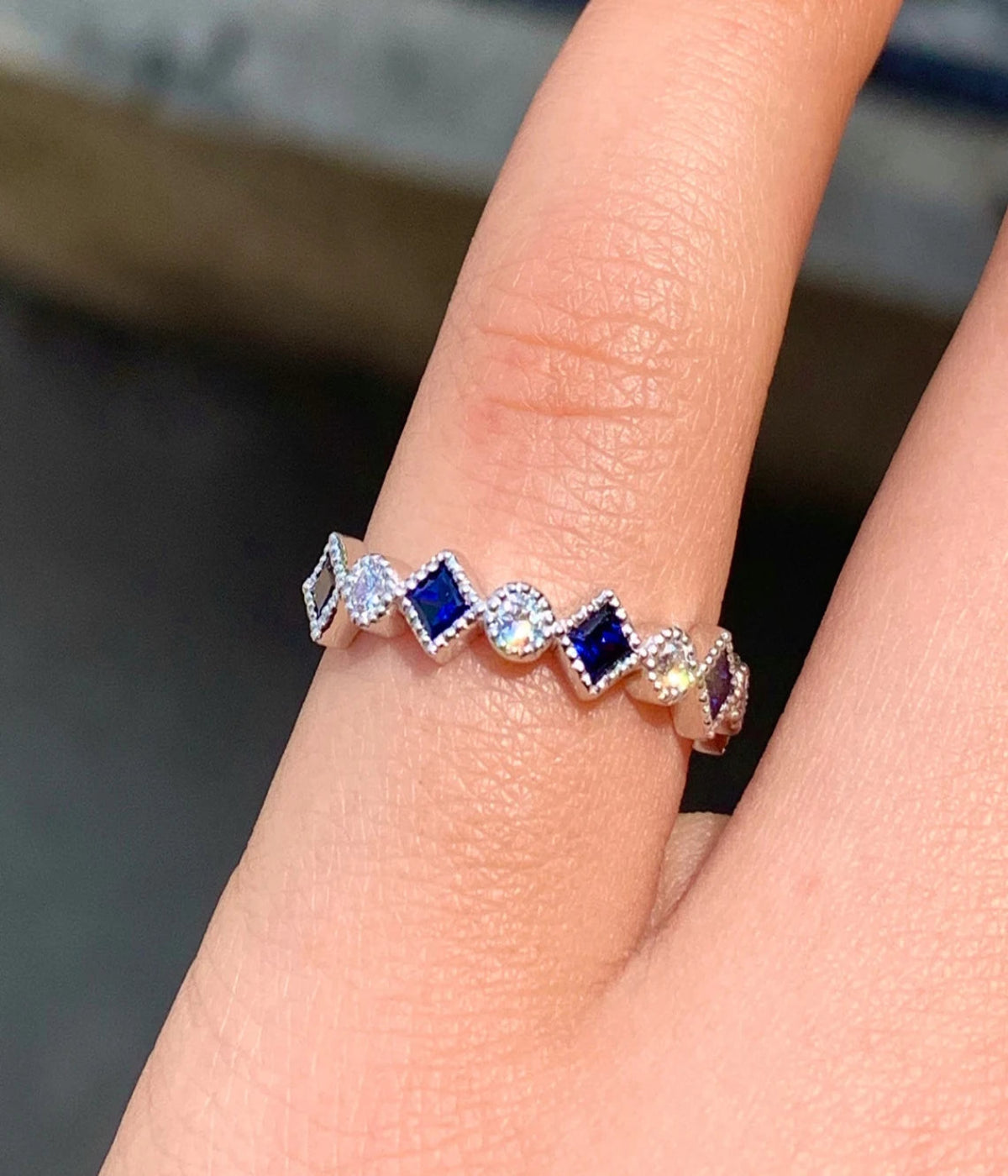3mm Wedding Band Round Diamond Bezel Princess Cut Blue Sapphire Half Eternity Anniversary Band Milgrain Vintage Look Right Hand Fashion Ring