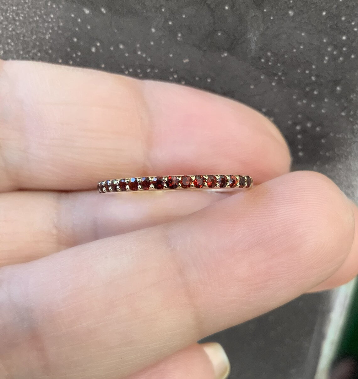 Garnet Half Eternity Ring/ 1.75 mm Garnet 2nd Wedding Anniversary Ring/ Surface Shared Prong Set Garnet Band/ January Birthstone Stack Band