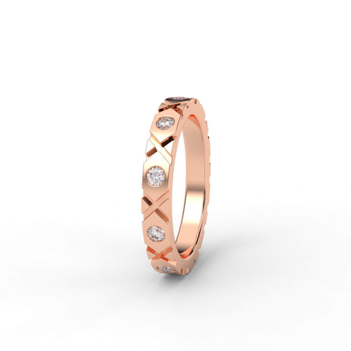 XO Ring with Lab Grown Diamonds/ 3mm Unisex Wedding Diamond Band/ XO Flush Set Infinity Diamond Stacking Ring/ 10K, 14K, 18K or Platinum