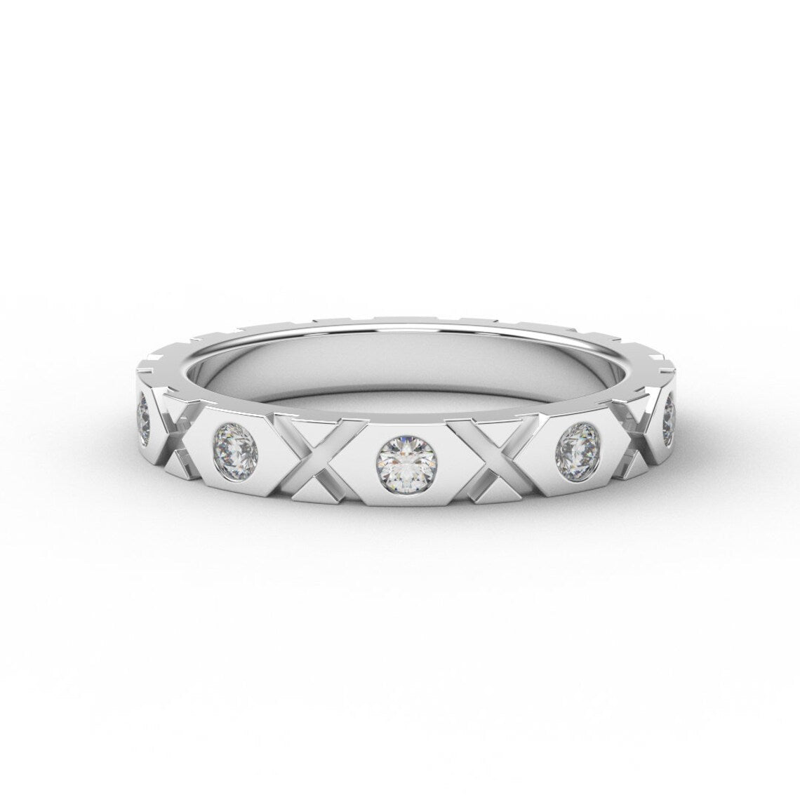 XO Ring with Lab Grown Diamonds/ 3mm Unisex Wedding Diamond Band/ XO Flush Set Infinity Diamond Stacking Ring/ 10K, 14K, 18K or Platinum