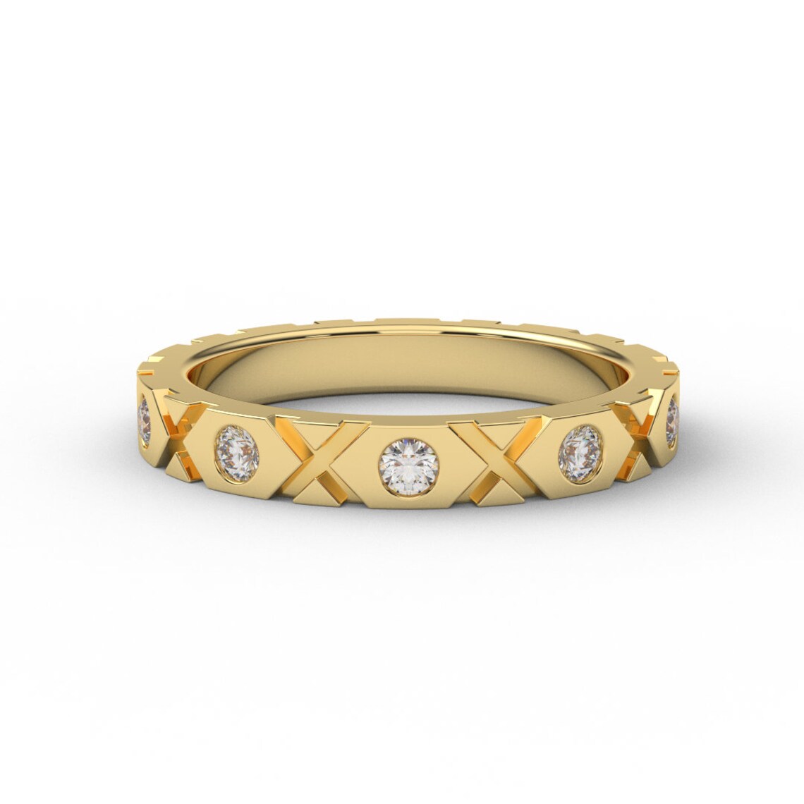 XO Ring with Lab Grown Diamonds/ 3mm Unisex Wedding Diamond Band/ XO Flush Set Infinity Diamond Stacking Ring/ 10K, 14K, 18K or Platinum
