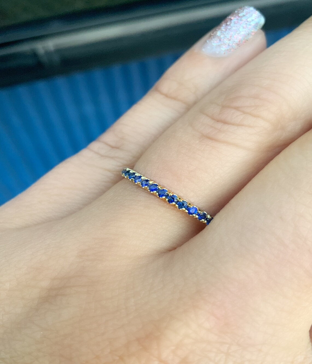Solid Gold Sapphire Eternity Band - 2mm Pave Blue Sapphire Wedding Ring