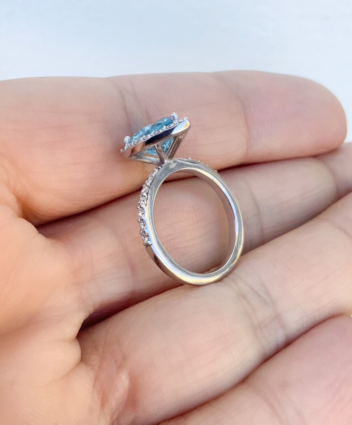 Pear Shape Aquamarine Engagement Ring with Diamond Halo - 1.6 Carat (14K/18K Gold or Platinum)