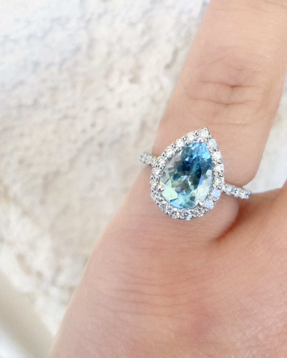 Pear Shape Aquamarine Engagement Ring with Diamond Halo - 1.6 Carat (14K/18K Gold or Platinum)