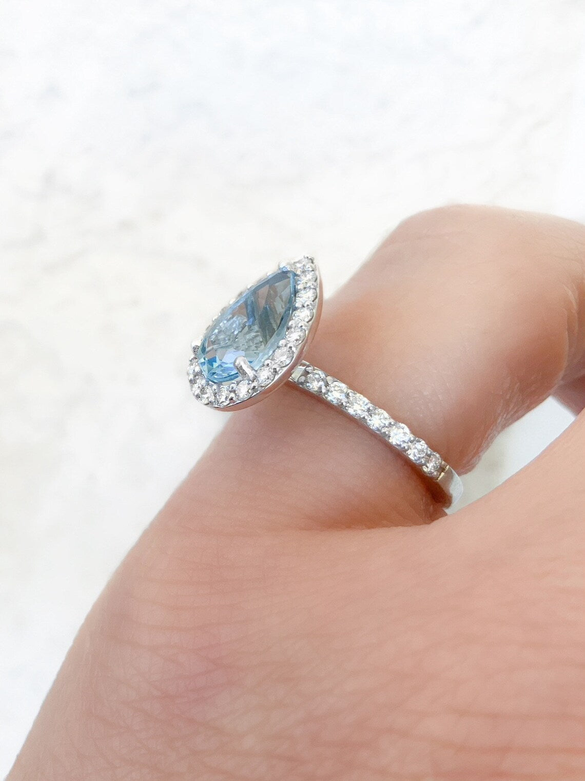 Pear Shape Aquamarine Engagement Ring with Diamond Halo - 1.6 Carat (14K/18K Gold or Platinum)