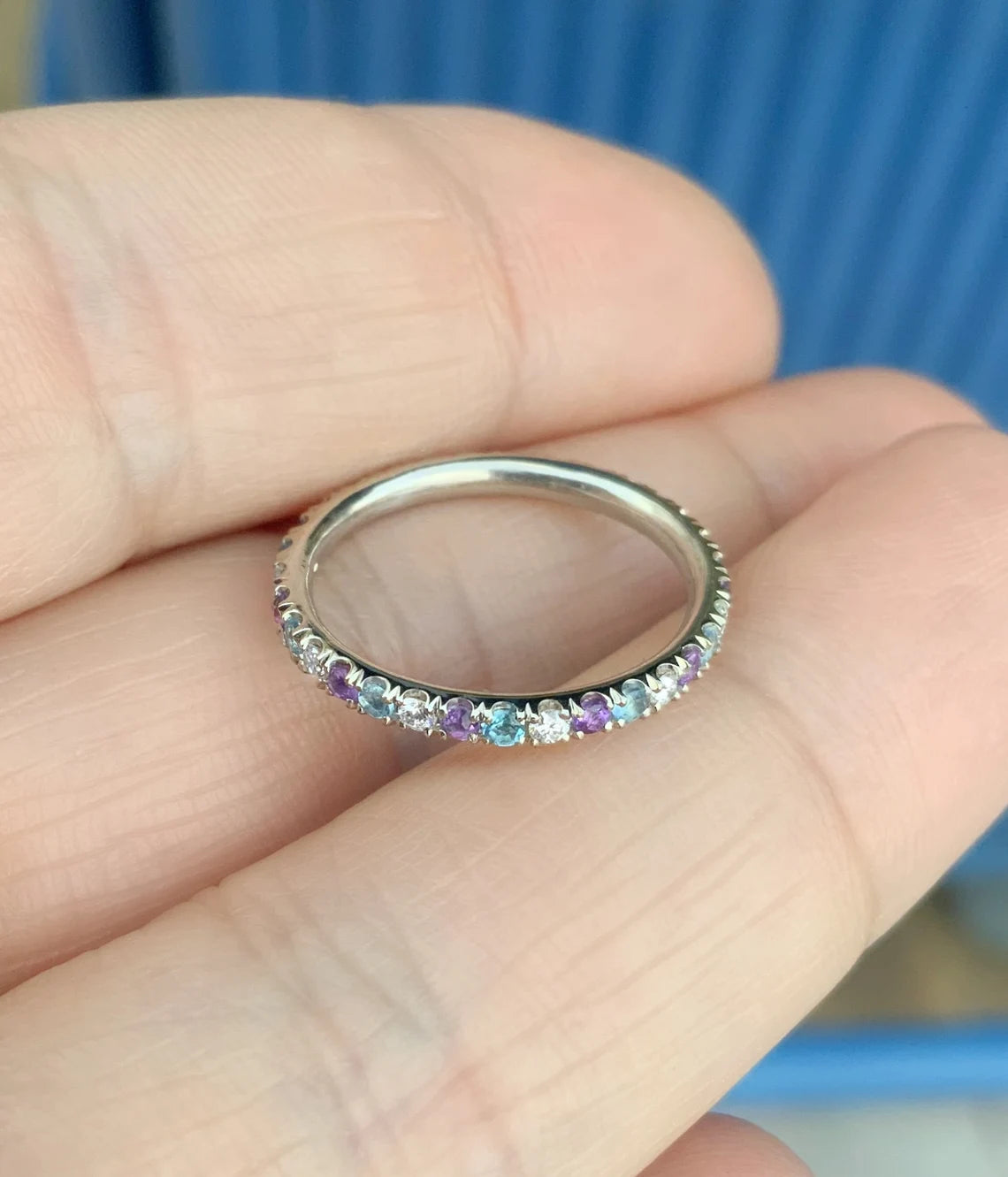 Diamond Amethyst Topaz Eternity Band Ring - 14K Gold, Platinum, Birthstone Stacking
