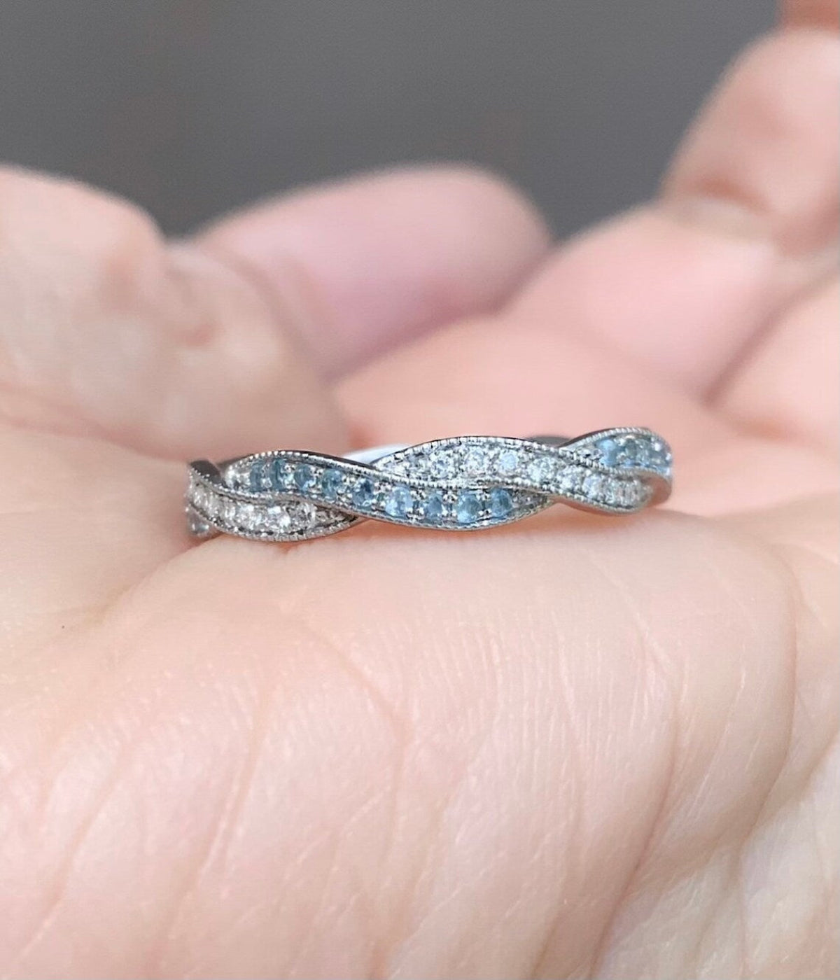 Aquamarine & Diamond Twisted Eternity Band Ring - Milgrain Pave - 10K, 14K, 18K Gold or Platinum