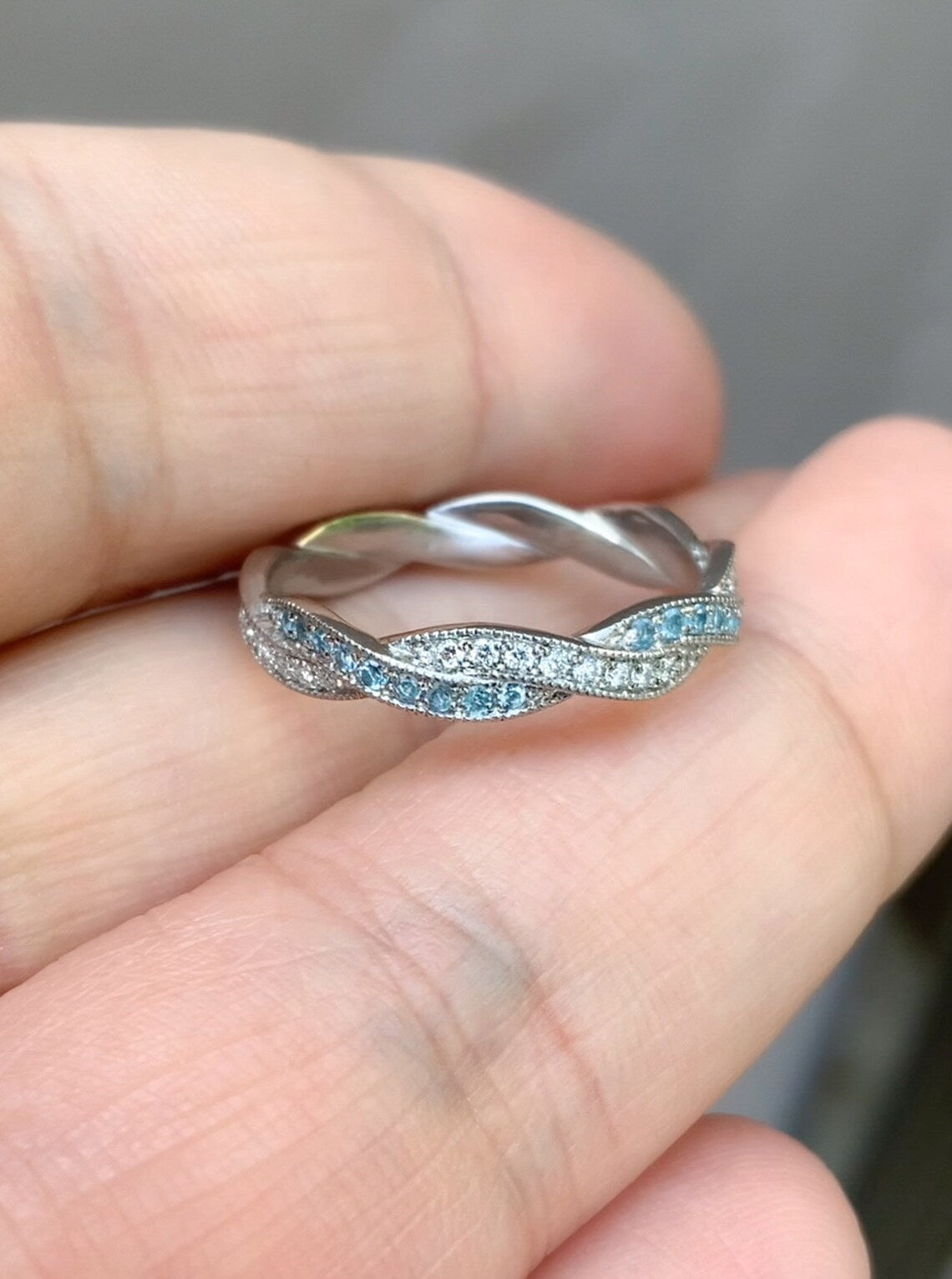 Aquamarine & Diamond Twisted Eternity Band Ring - Milgrain Pave - 10K, 14K, 18K Gold or Platinum