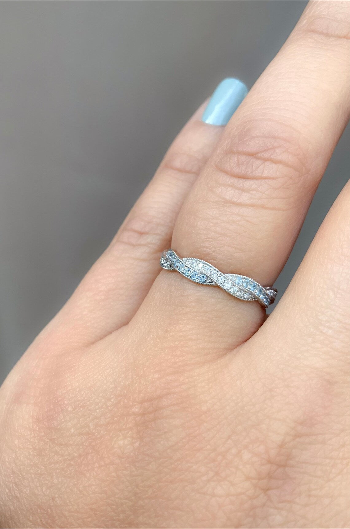 Aquamarine & Diamond Twisted Eternity Band Ring - Milgrain Pave - 10K, 14K, 18K Gold or Platinum