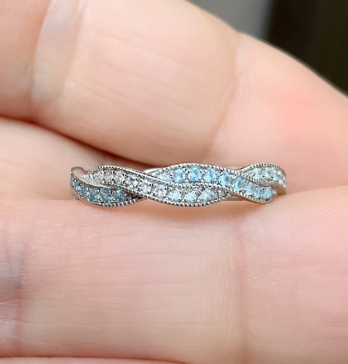 Aquamarine & Diamond Twisted Eternity Band Ring - Milgrain Pave - 10K, 14K, 18K Gold or Platinum