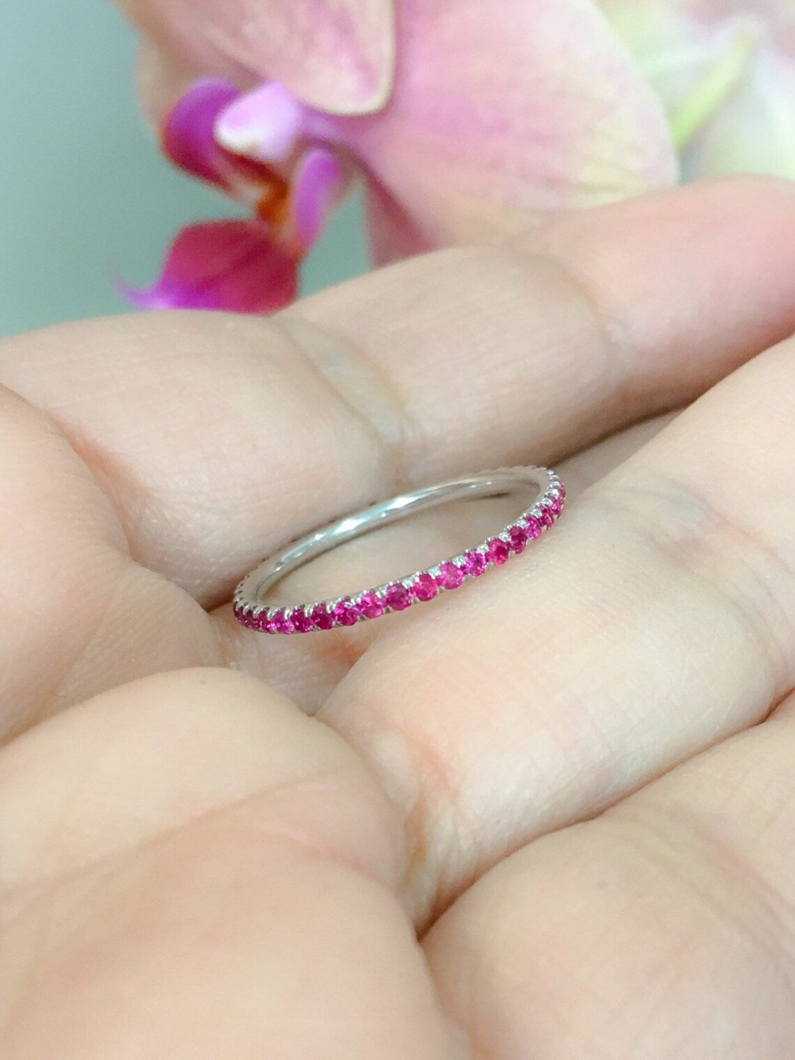 Ruby Stacking Ring/ 1.8mm Full Eternity Pave Ruby Band/ Wedding Anniversary Gemstone Infinity Ring/ July Birthstone Ring/ Push Present