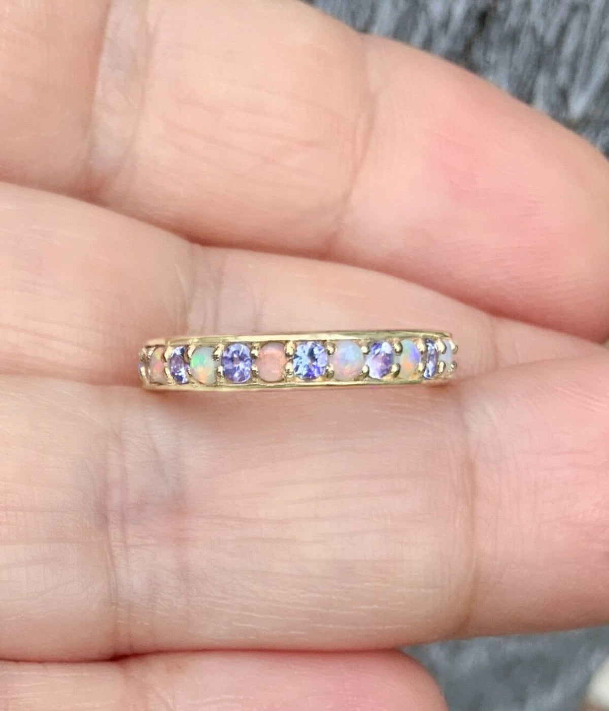 Tanzanite Opal Band/ 3mm Half Eternity Alternating Opal Tanzanite Wedding Anniversary Ring/ December October Birthstones/ 14K, 18K, Platinum
