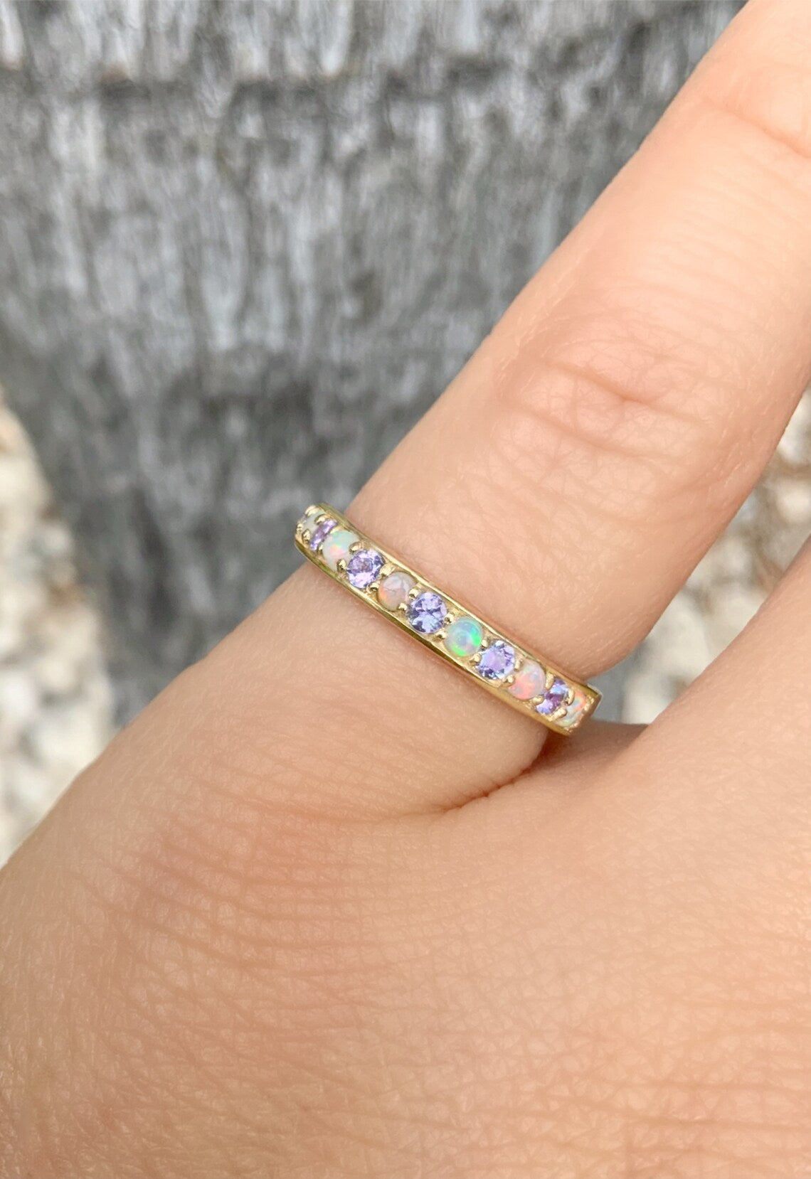 Tanzanite Opal Band/ 3mm Half Eternity Alternating Opal Tanzanite Wedding Anniversary Ring/ December October Birthstones/ 14K, 18K, Platinum