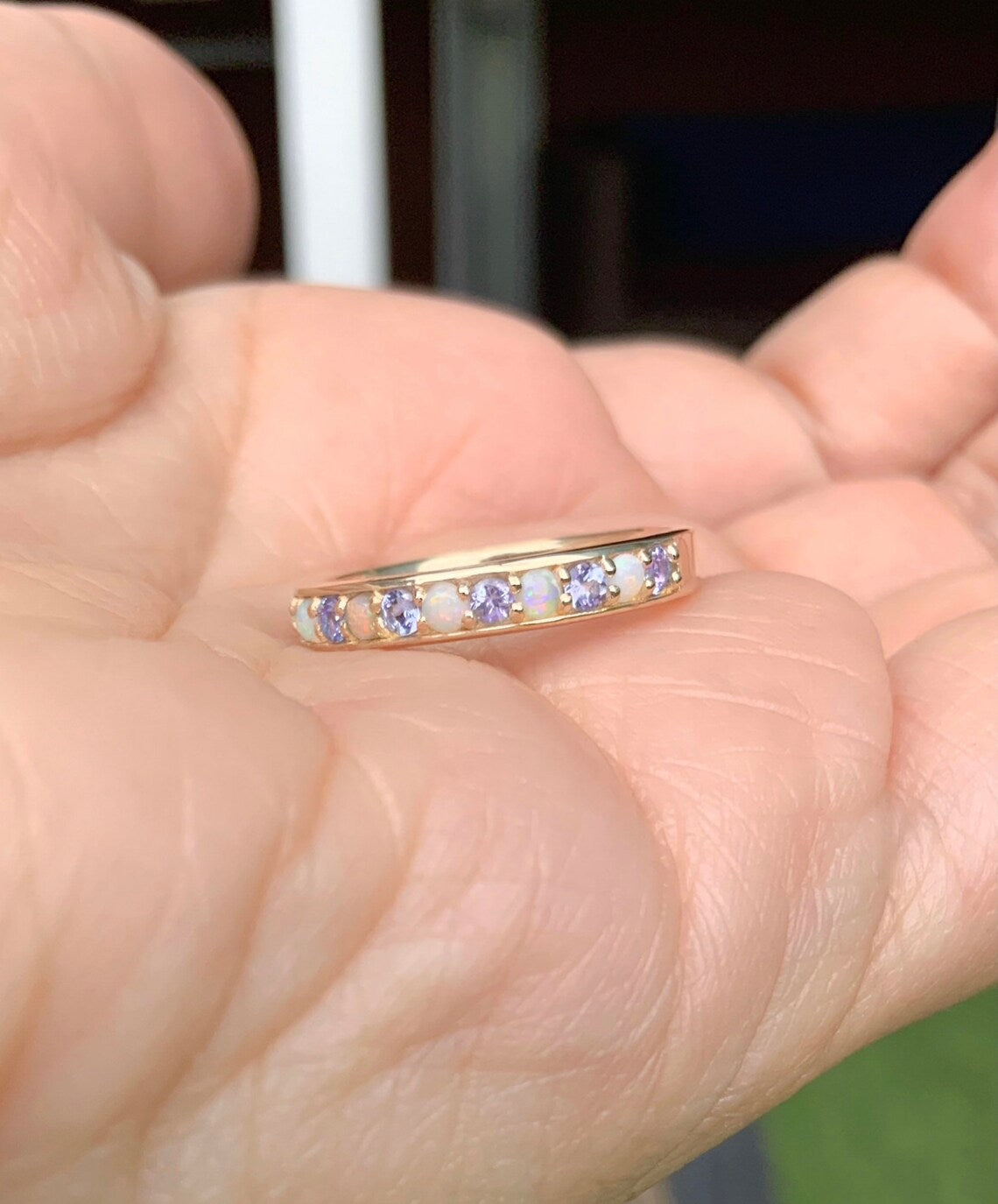 Tanzanite Opal Band/ 3mm Half Eternity Alternating Opal Tanzanite Wedding Anniversary Ring/ December October Birthstones/ 14K, 18K, Platinum