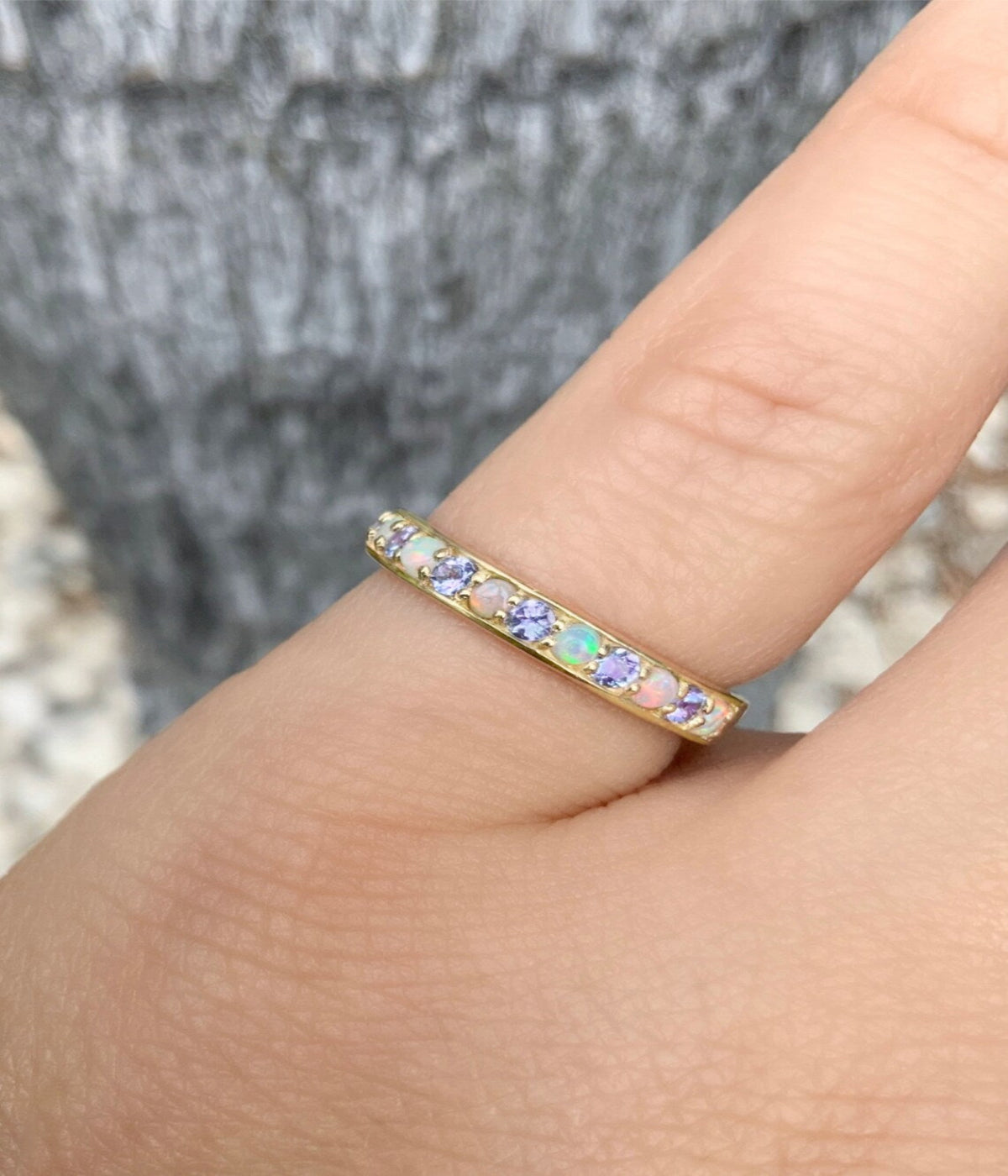 Tanzanite Opal Band/ 3mm Half Eternity Alternating Opal Tanzanite Wedding Anniversary Ring/ December October Birthstones/ 14K, 18K, Platinum