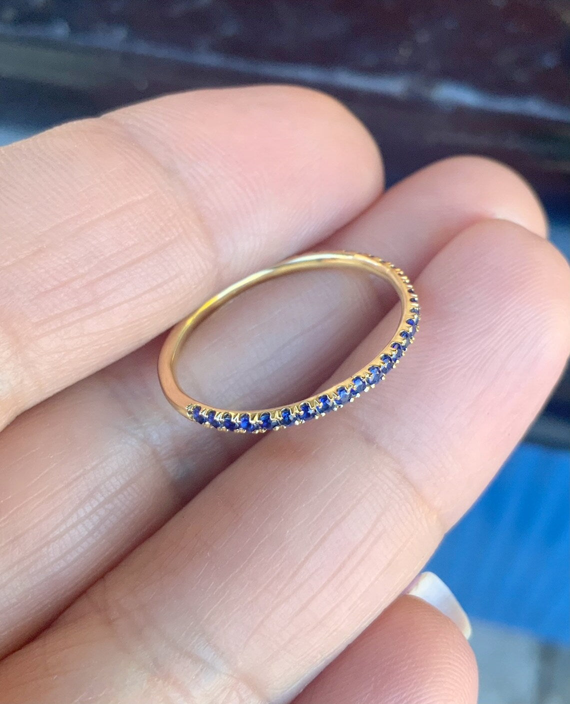 14K Gold Sapphire Eternity Band - Micro Pave Stacking Ring