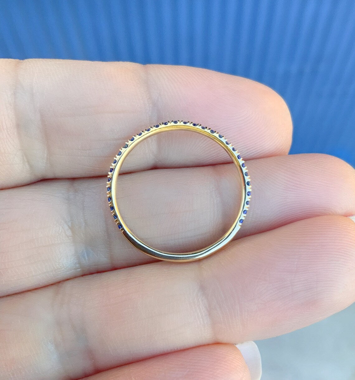 14K Gold Sapphire Eternity Band - Micro Pave Stacking Ring