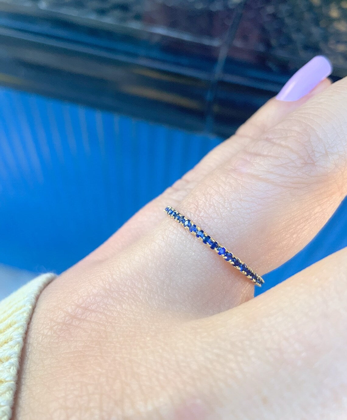 14K Gold Sapphire Eternity Band - Micro Pave Stacking Ring