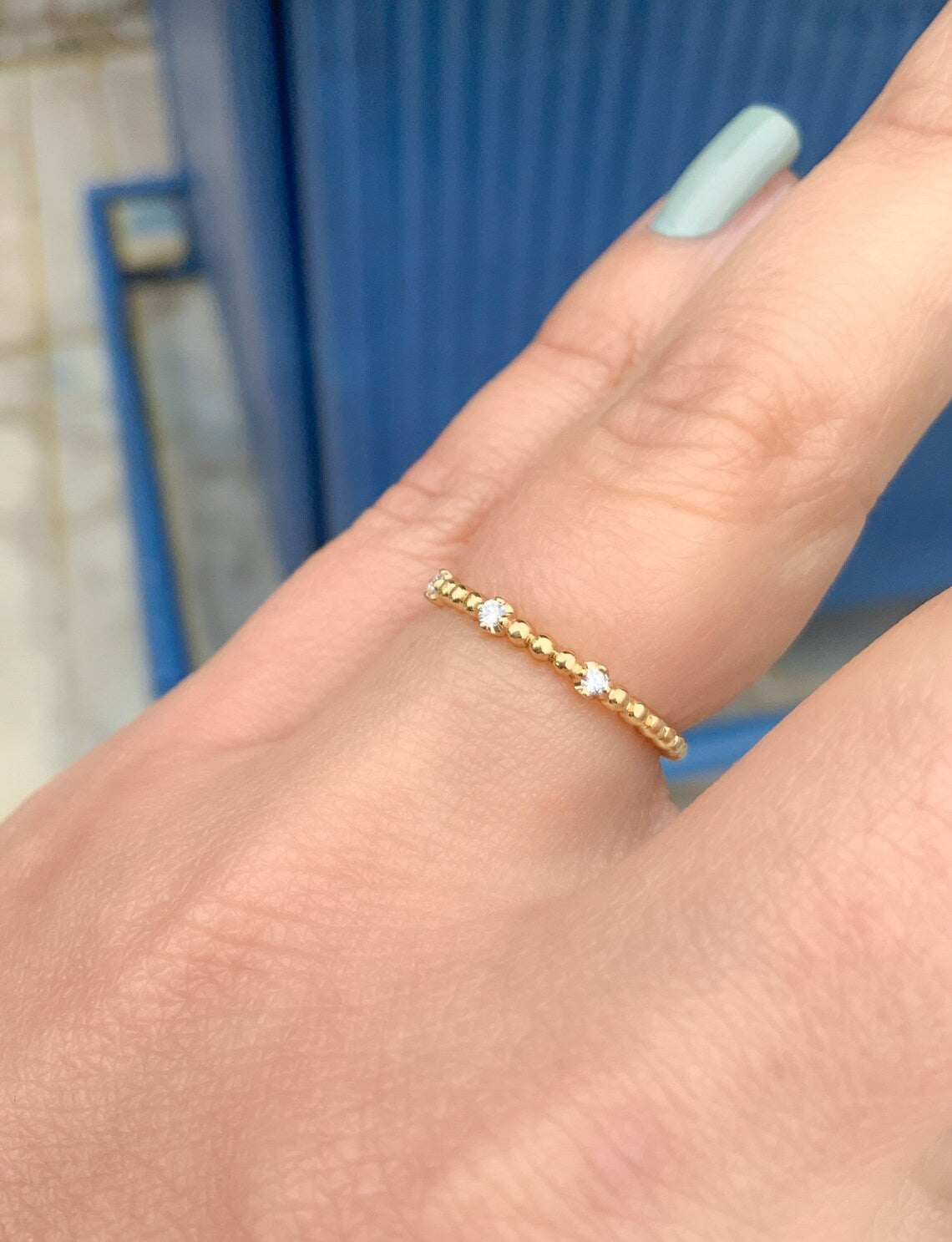 Beaded Wedding Band with 3 Natural Diamonds/ 3-Stone Plain Bubble Band/ Delicate Thin Beaded Minimalist Stacking Ring/Solid Gold or Platinum