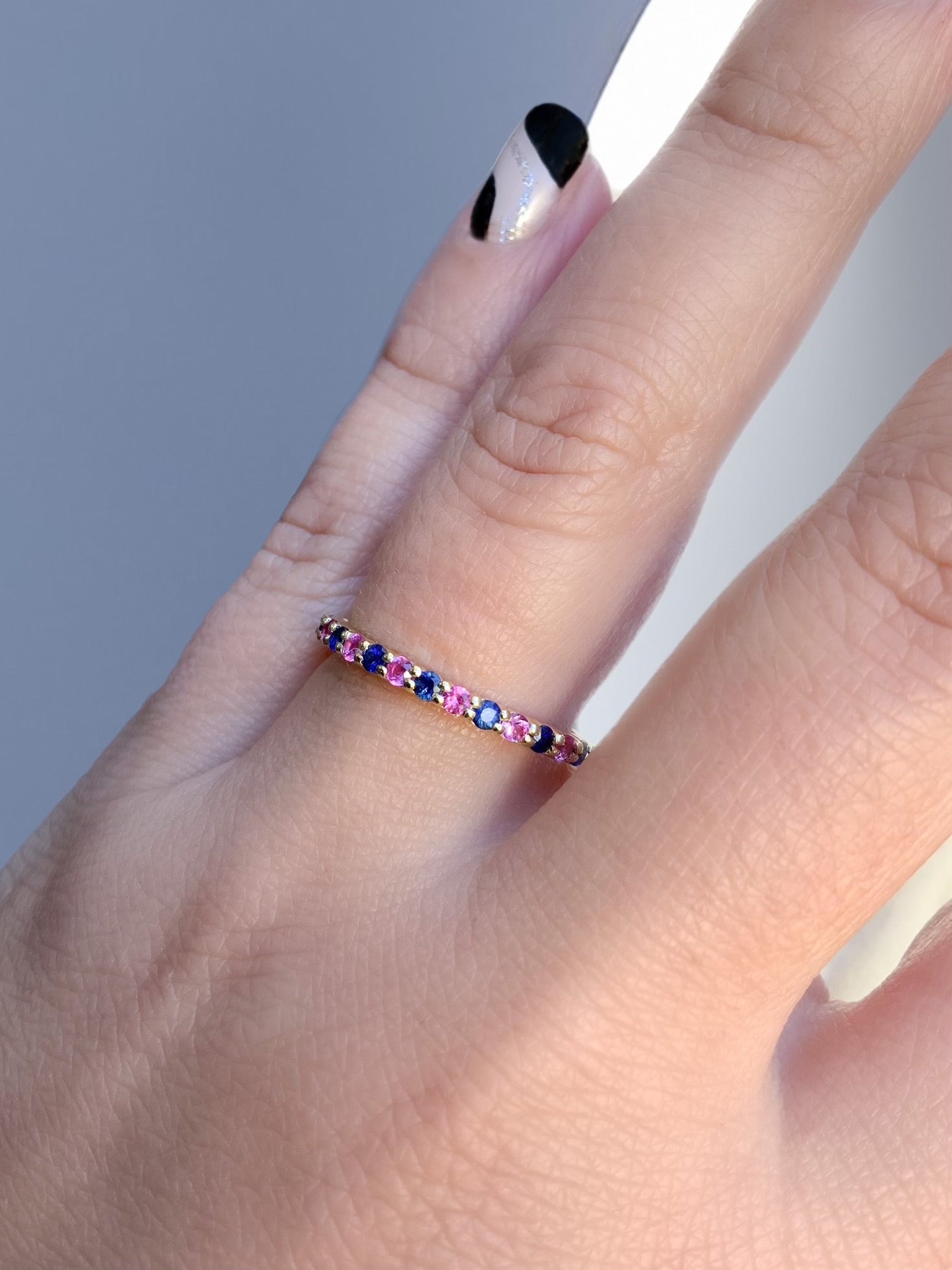 Pink Blue Sapphire Stacking Ring/ Shared Prong Sapphire 2mm Half Eternity Band/ Boy Girl Twin Ring Push Present/ 2 Birthstone Mother's Ring