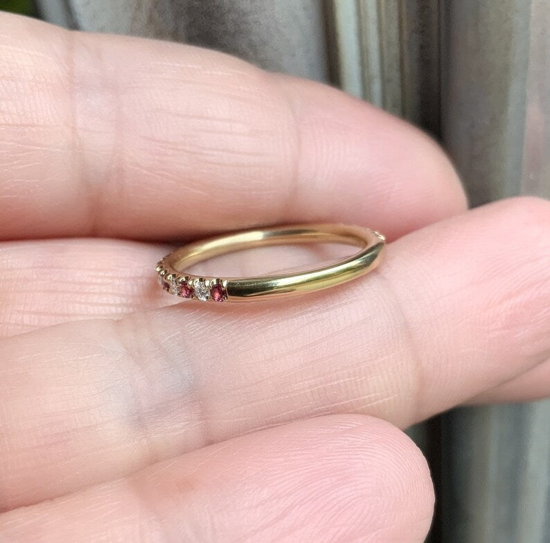 Rhodolite Garnet Diamond Alternating Band/ 2mm 3/4 Eternity Pave Stacking/ Pink Garnet Diamond 2 Birthstone Wedding Band/ January April Ring