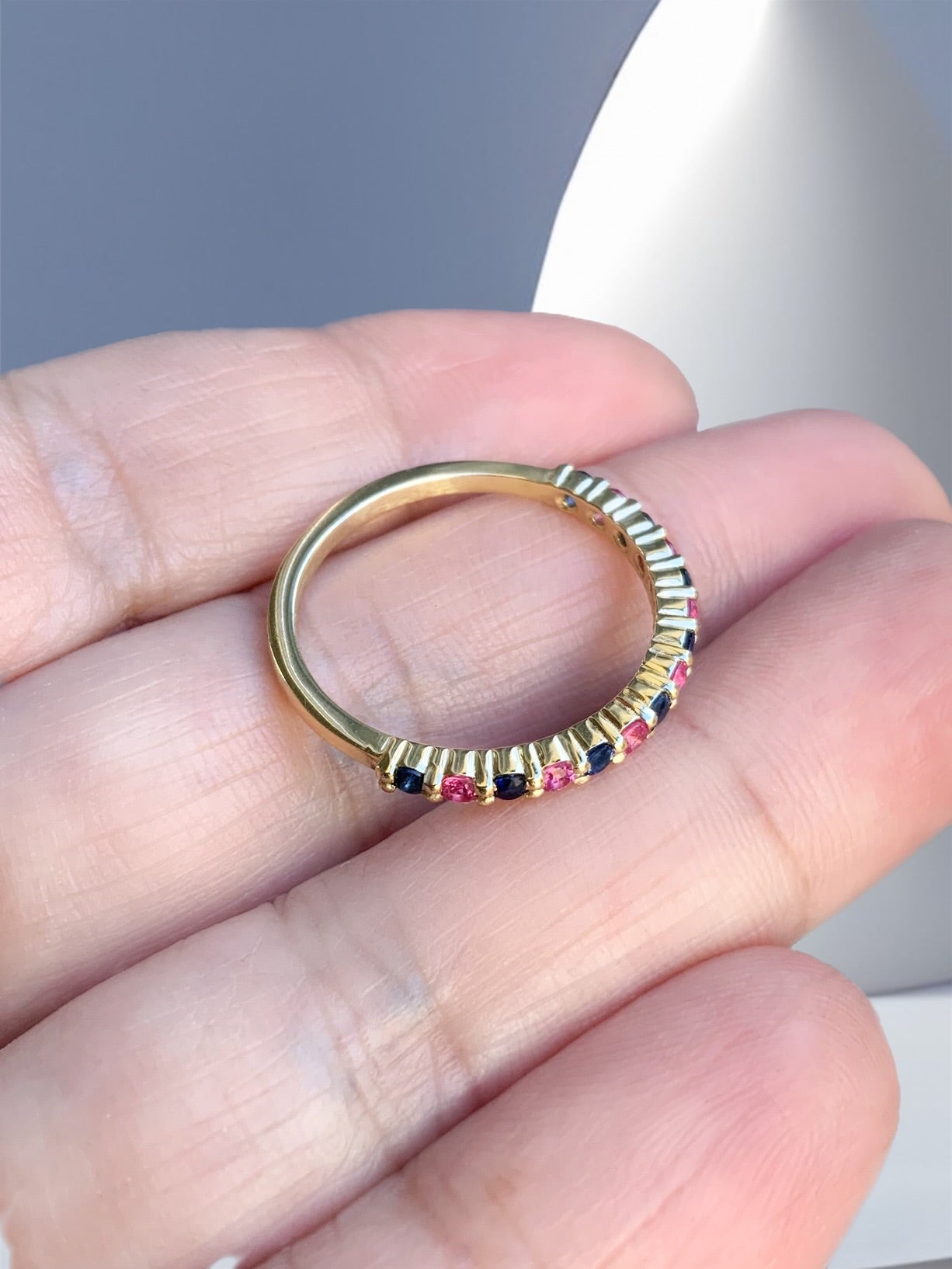 Pink Blue Sapphire Stacking Ring/ Shared Prong Sapphire 2mm Half Eternity Band/ Boy Girl Twin Ring Push Present/ 2 Birthstone Mother's Ring