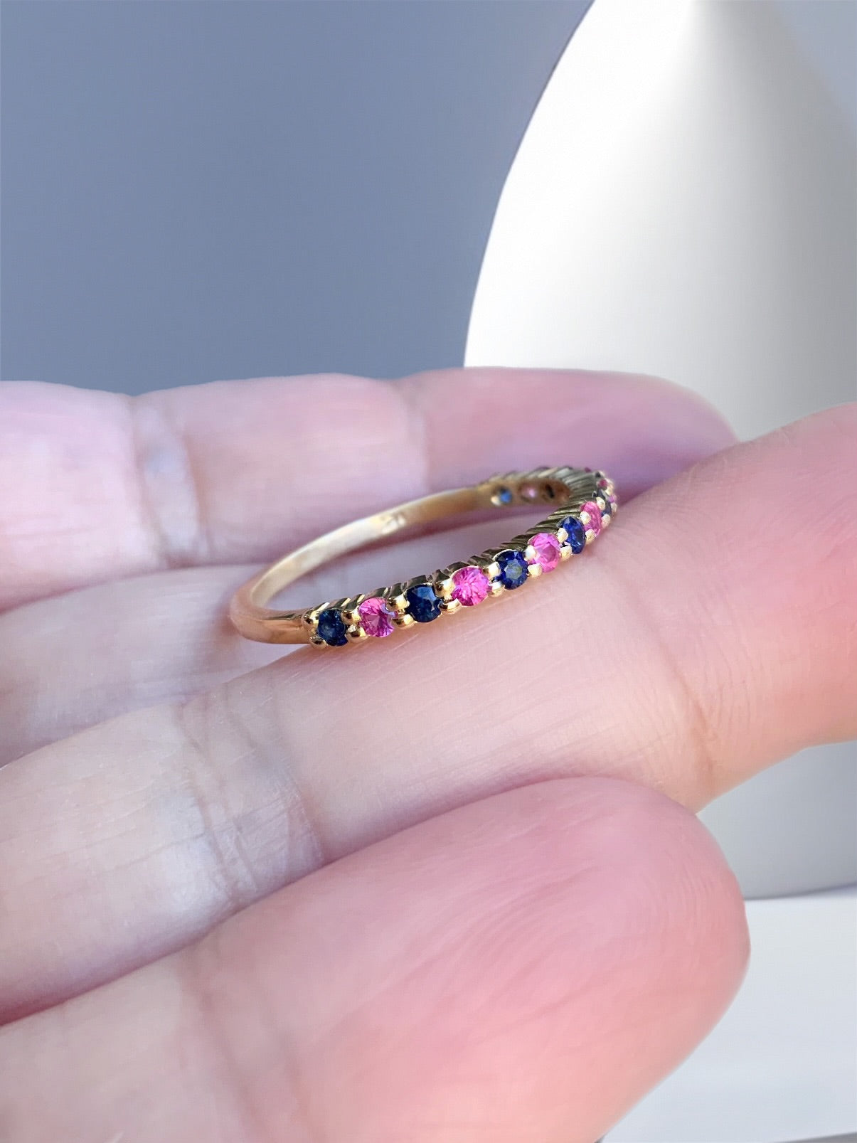Pink Blue Sapphire Stacking Ring/ Shared Prong Sapphire 2mm Half Eternity Band/ Boy Girl Twin Ring Push Present/ 2 Birthstone Mother's Ring