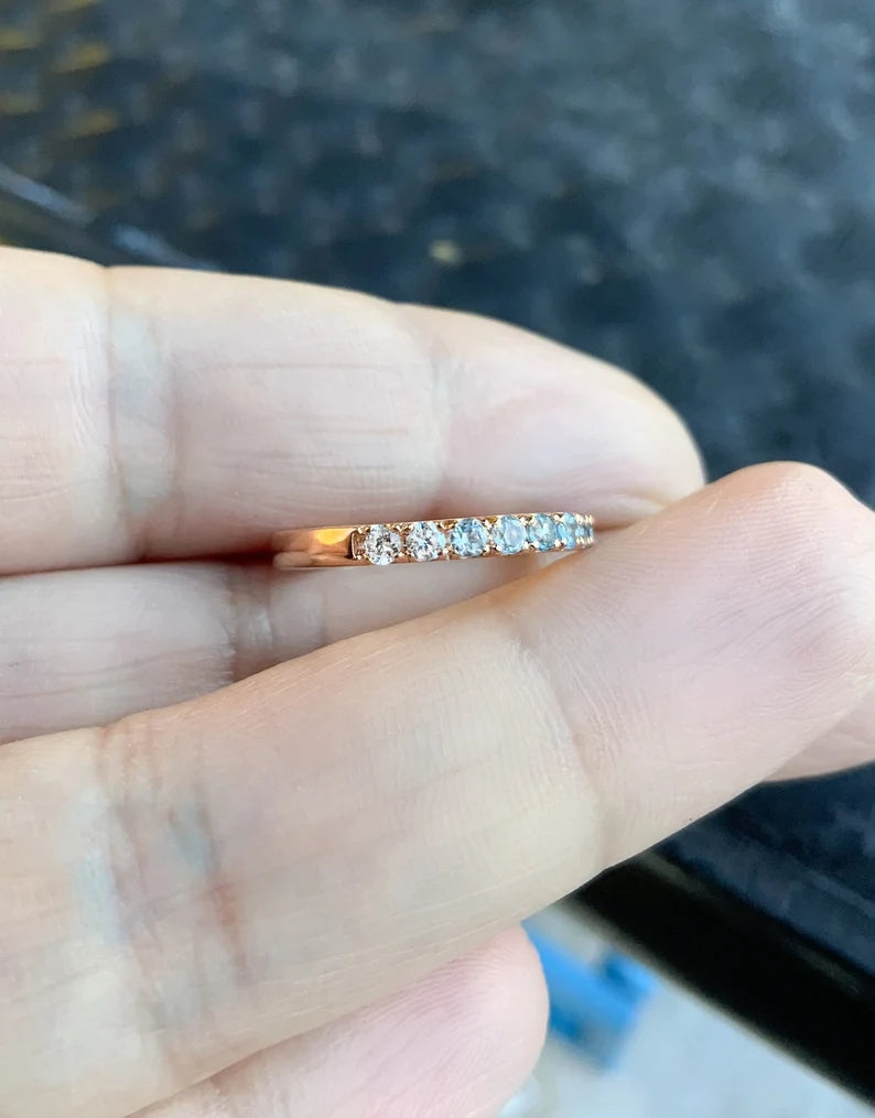 Gradient Blue Pave Ring/ White Blue Ombre Stack Ring/ 2.3mm Half Eternity Unique Wedding Band/ Diamond Aquamarine, Blue Topaz, Blue Sapphire