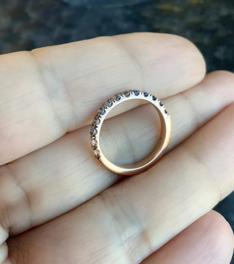 Gradient Blue Pave Ring/ White Blue Ombre Stack Ring/ 2.3mm Half Eternity Unique Wedding Band/ Diamond Aquamarine, Blue Topaz, Blue Sapphire