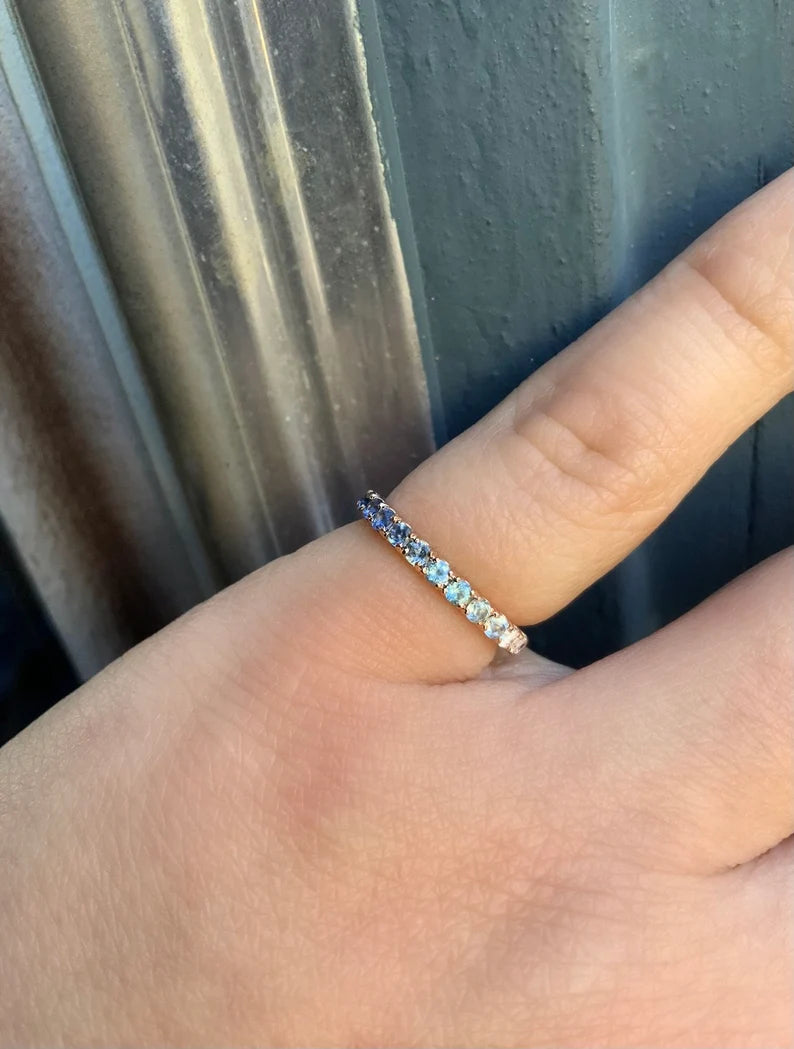 Gradient Blue Pave Ring/ White Blue Ombre Stack Ring/ 2.3mm Half Eternity Unique Wedding Band/ Diamond Aquamarine, Blue Topaz, Blue Sapphire