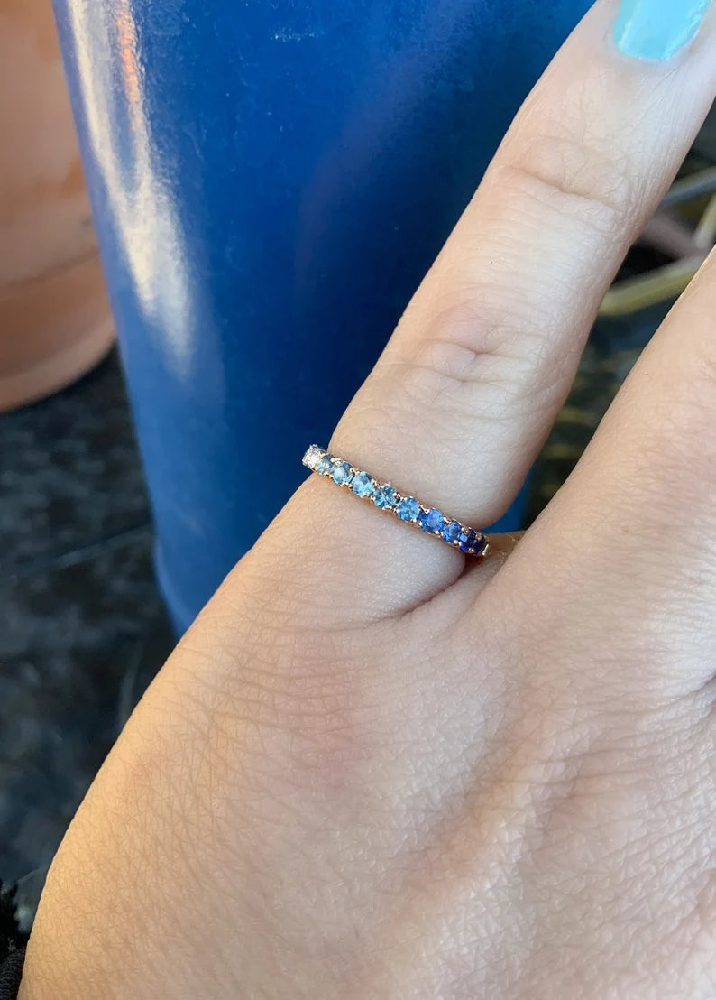 Gradient Blue Pave Ring/ White Blue Ombre Stack Ring/ 2.3mm Half Eternity Unique Wedding Band/ Diamond Aquamarine, Blue Topaz, Blue Sapphire