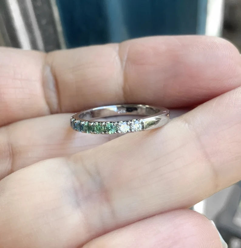 Gradient Blue Green Pave Ring/ Coastal Ombre Beach Wedding Band/ 2.3mm Half Eternity/ Mermaid Colors Diamond Alexandrit Aquamarine Sapphire