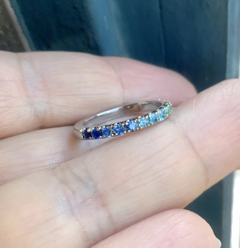 Gradient Blue Green Pave Ring/ Coastal Ombre Beach Wedding Band/ 2.3mm Half Eternity/ Mermaid Colors Diamond Alexandrit Aquamarine Sapphire