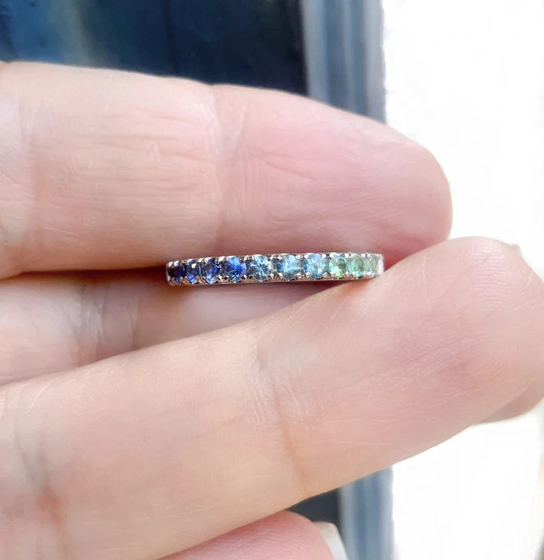 Gradient Blue Green Pave Ring/ Coastal Ombre Beach Wedding Band/ 2.3mm Half Eternity/ Mermaid Colors Diamond Alexandrit Aquamarine Sapphire