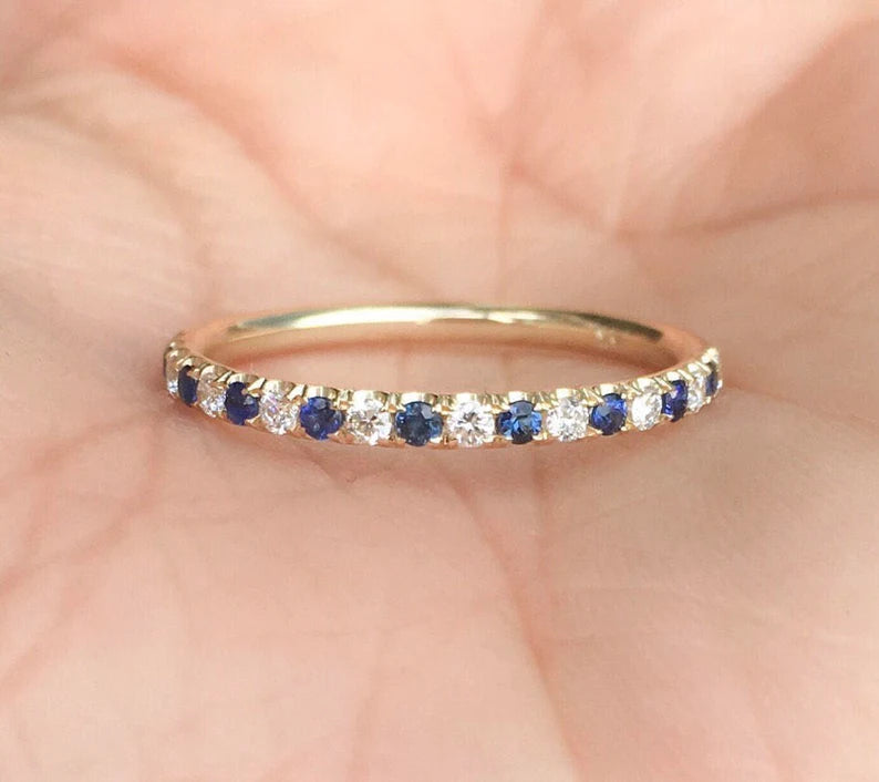 Diamond Blue Sapphire Eternity Ring/ 2mm Pave Alternating Infinity Ring/ Wedding Anniversary Band/ September April Birthstone Stacking Ring